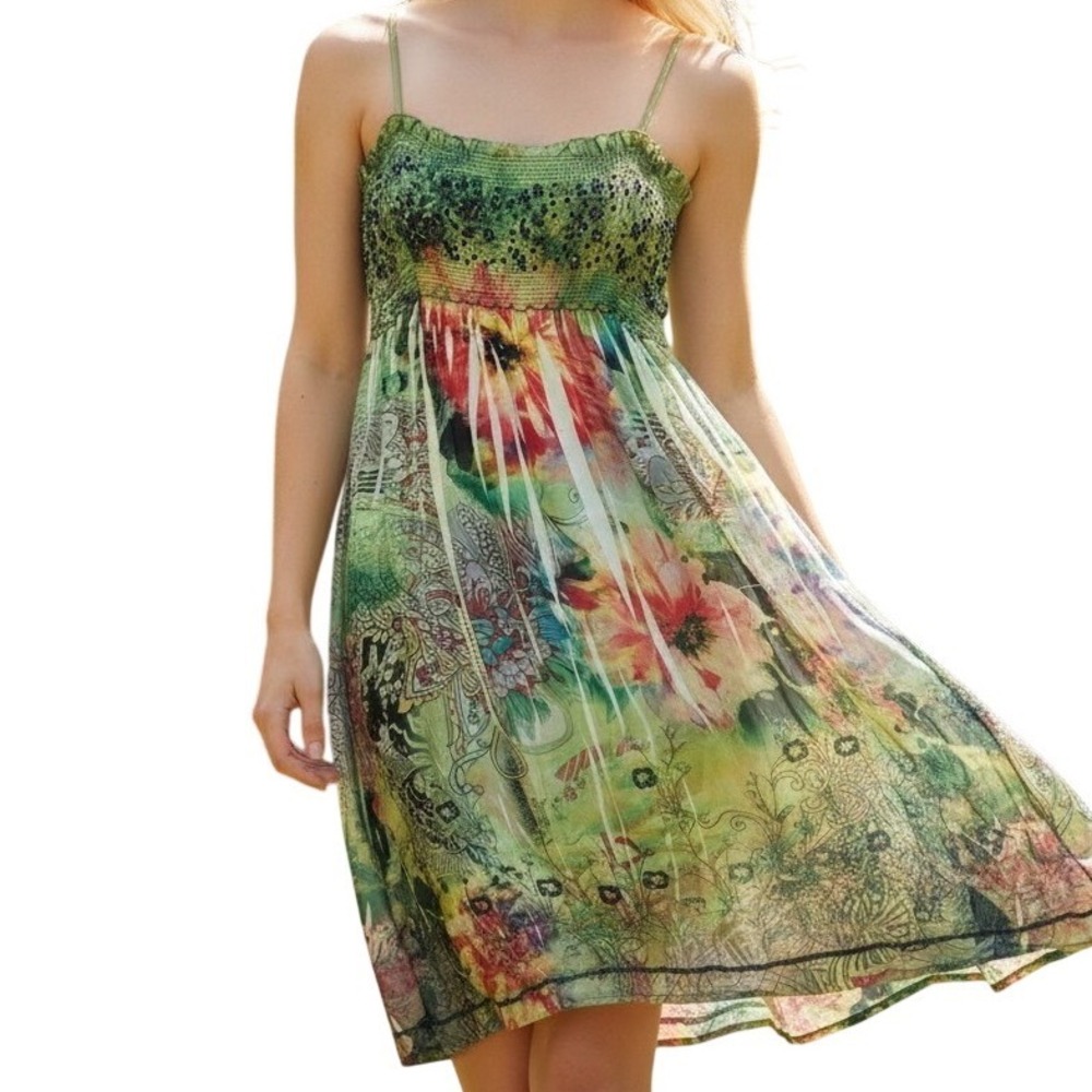 Lapis Floral Sequin Smocked Mini Dress Women One Size Green Boho